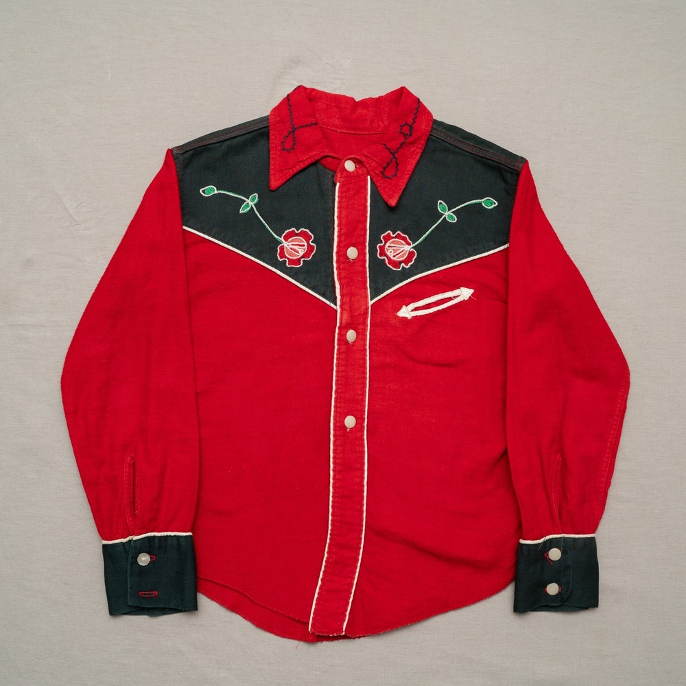 Vintage 40s Youth Cowboy Western Button Up Chainstitch Floral Red Black Shirt